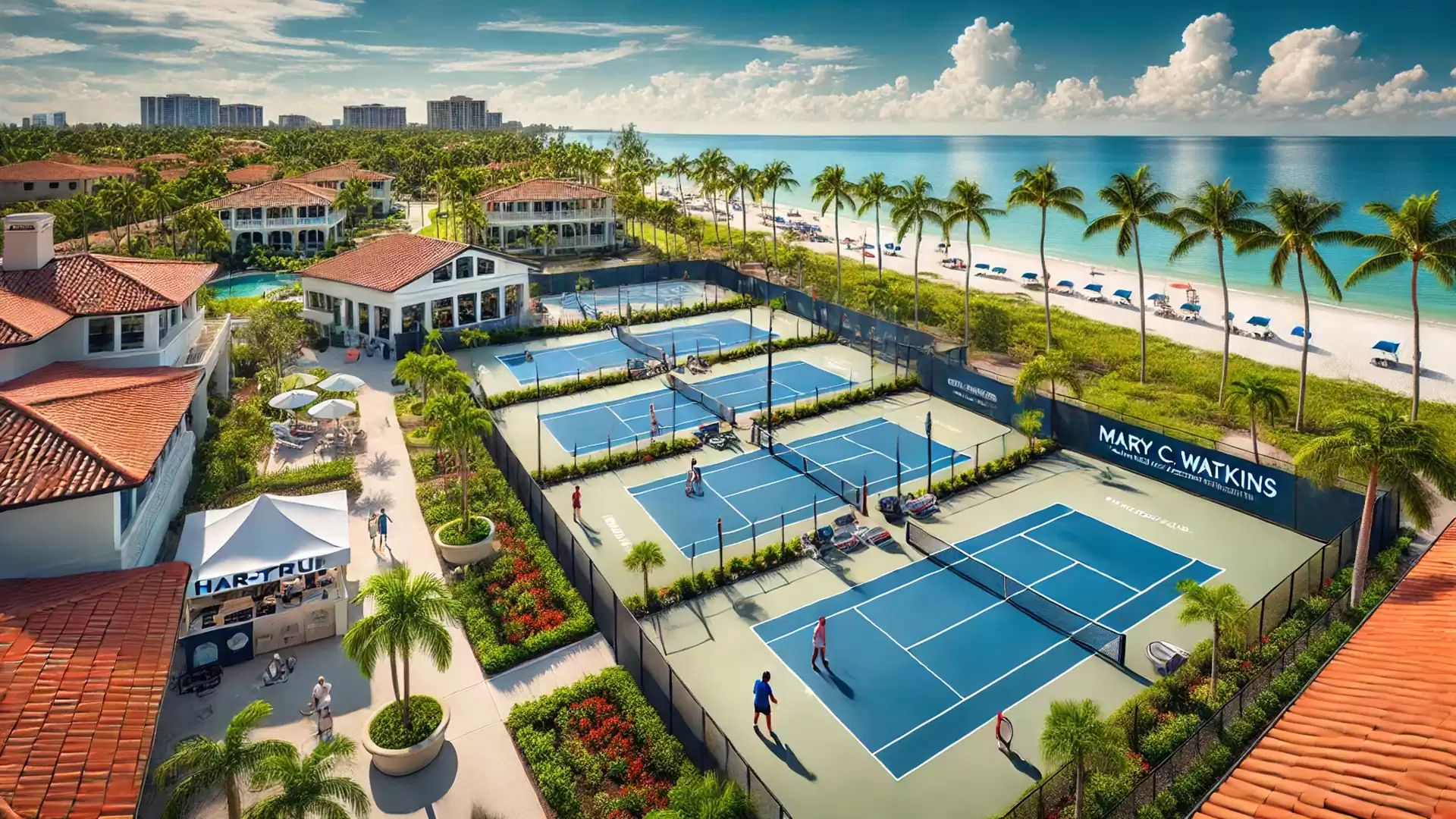 Aerial view of seaside tennis courts with palm trees and a resort in the background, a perfect spot for tennis enthusiasts and vacationers.