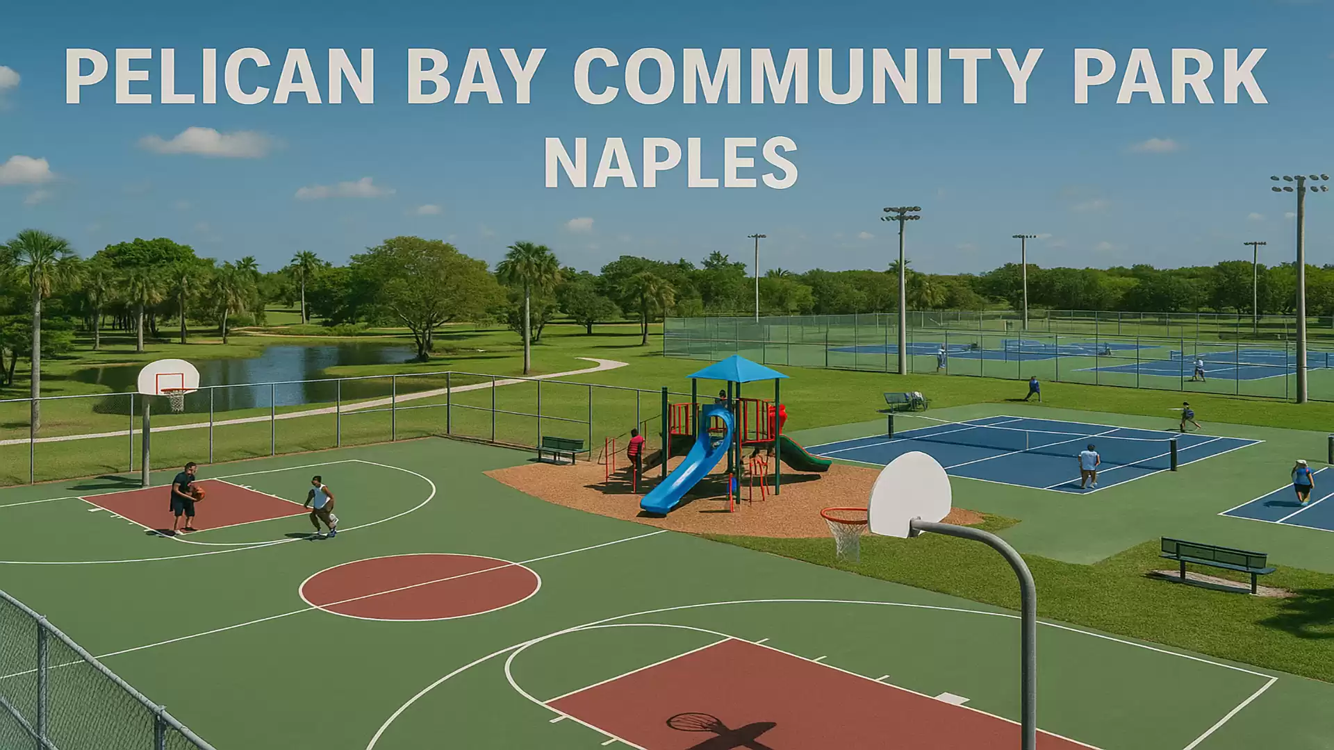 Pelican Bay Community Park in Naples featuring basketball and tennis courts as well as a children's playground.