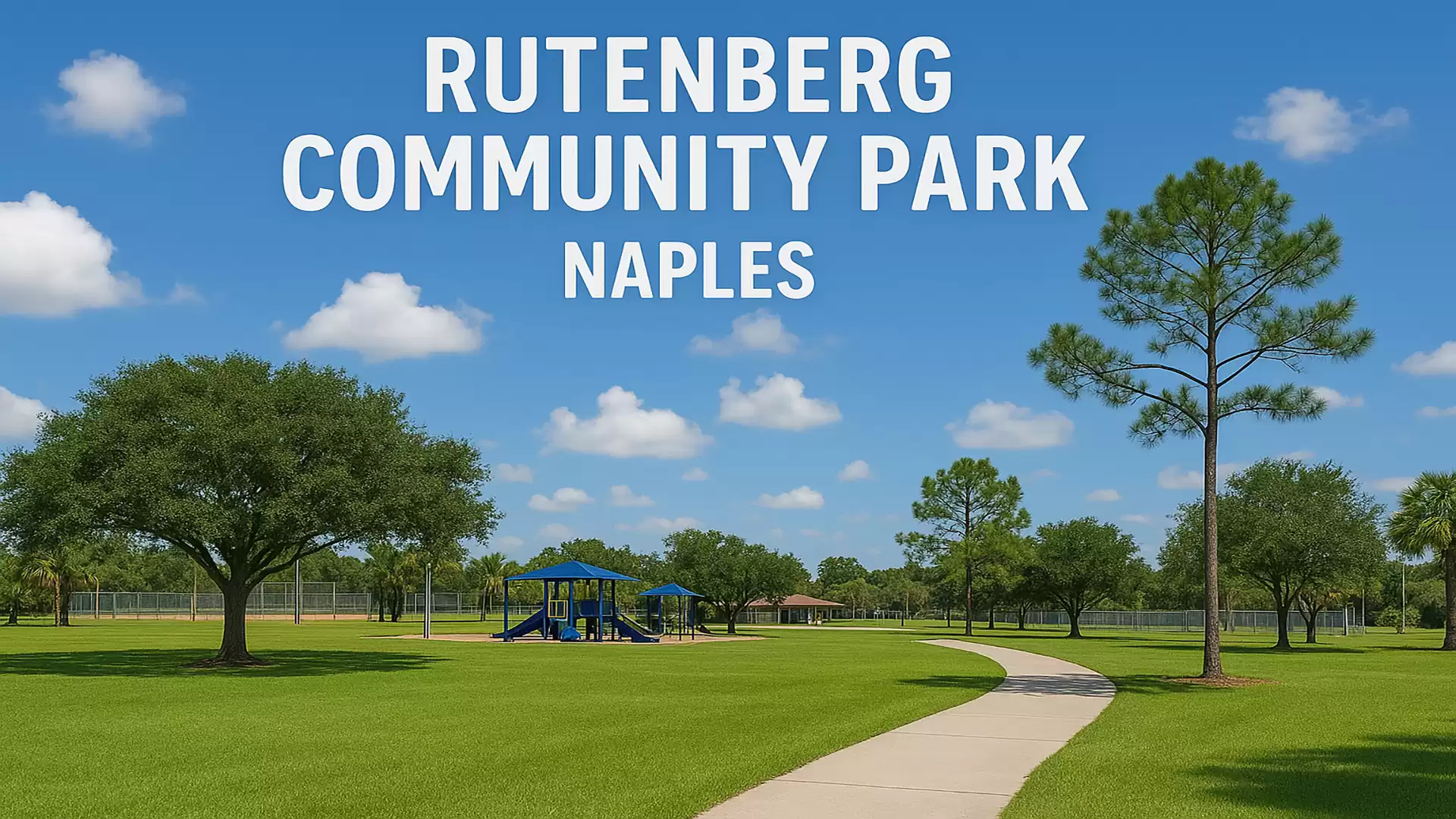 An image of Rutenberg Community Park in Naples showing a green lawn with a playground and surrounding trees under a clear blue sky.