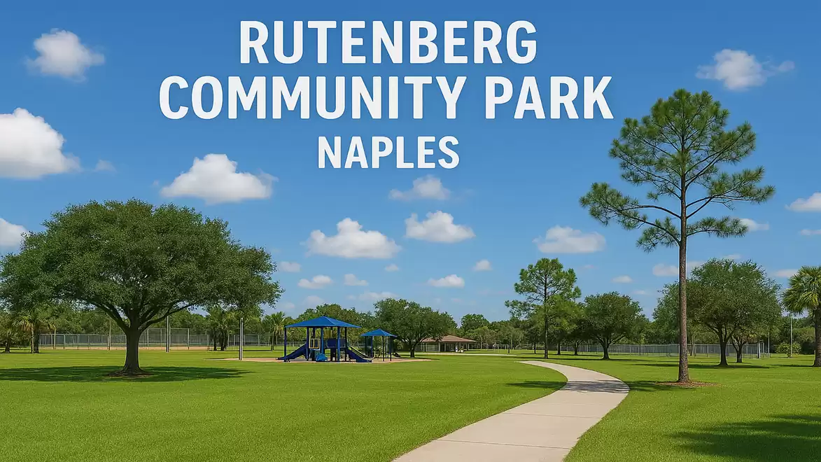 An image of Rutenberg Community Park in Naples showing a green lawn with a playground and surrounding trees under a clear blue sky.