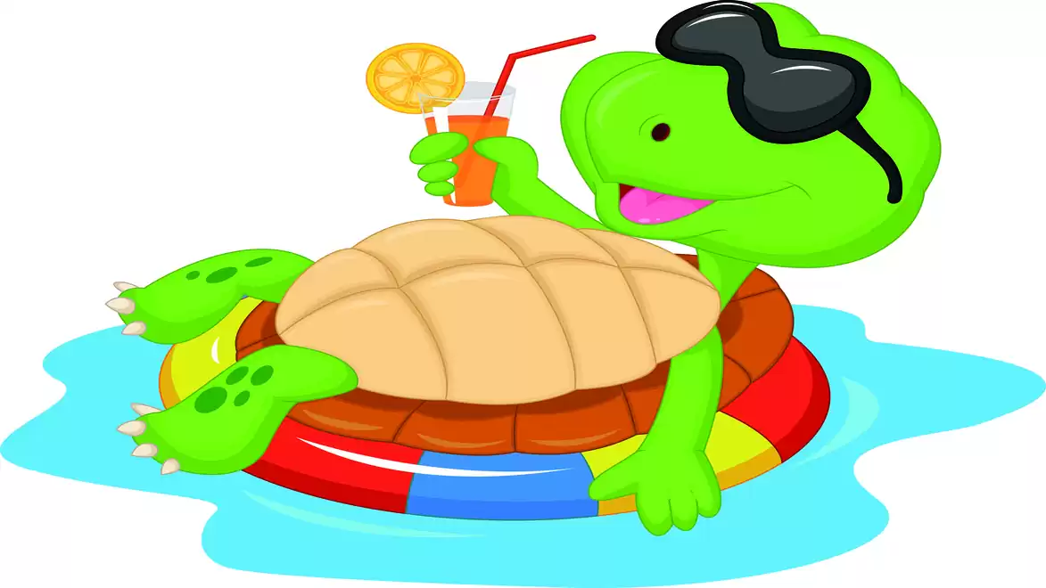 Illustration of a green turtle with sunglasses relaxing on a colorful swim ring in the water, holding a drink with an orange slice and straw.