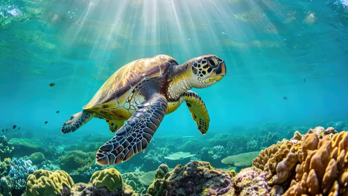 Sea turtle swimming in clear blue water over a coral reef, sunlight piercing the water.