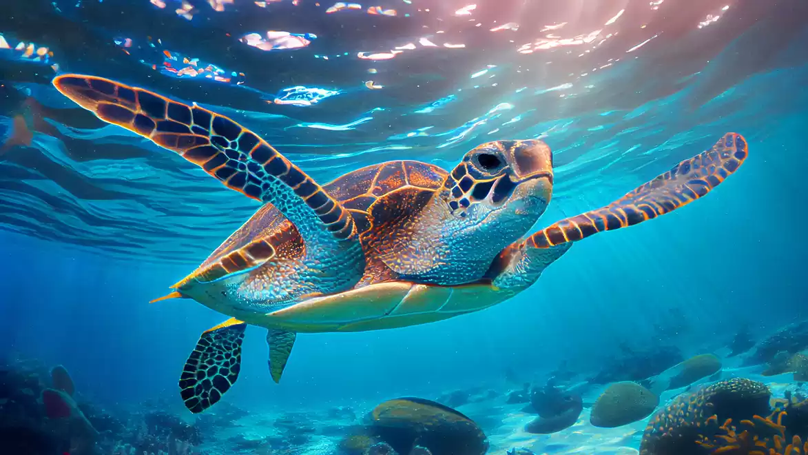 Sea turtle swimming underwater in a clear blue ocean, surrounded by corals and beams of light.