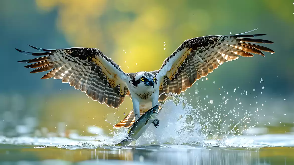An osprey grabs a fish from the water with its talons while in flight. Water droplets splash around with a blurred, colorful background.