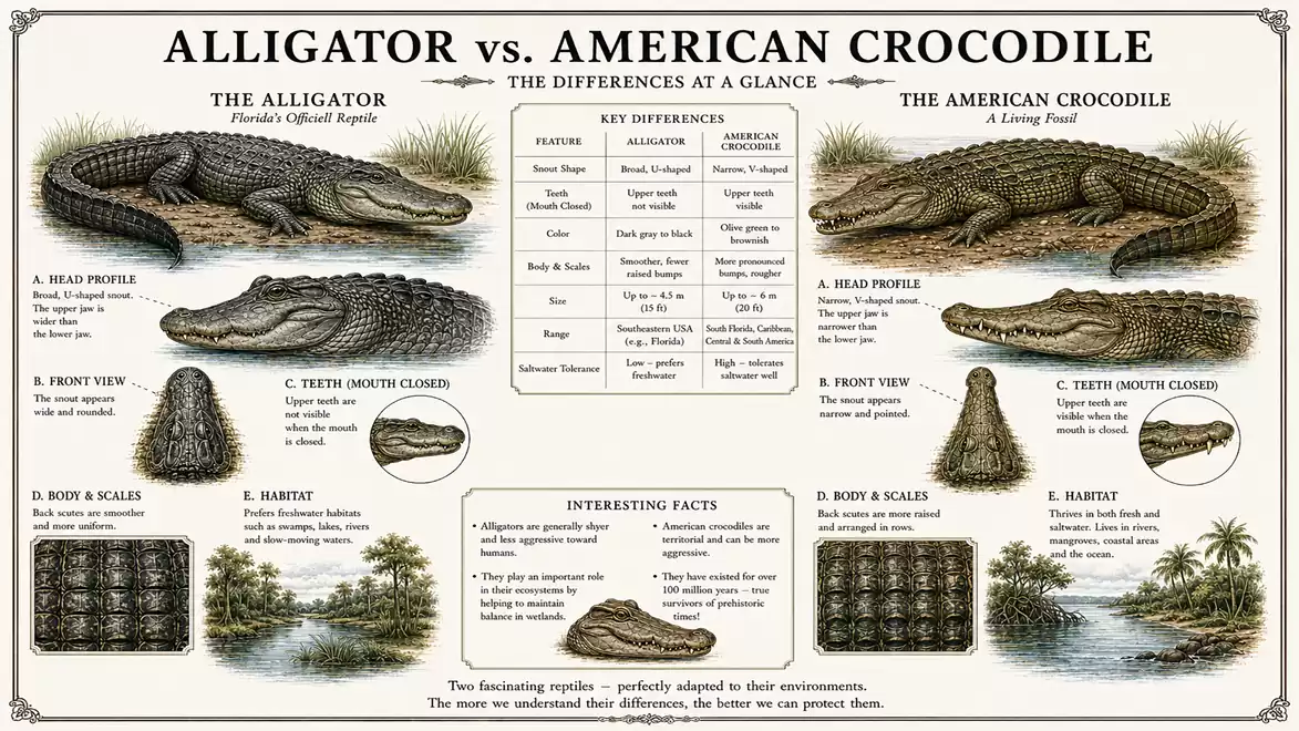 Comparison between alligator and American crocodile with illustrations and differences in profile, snout, and habitat.