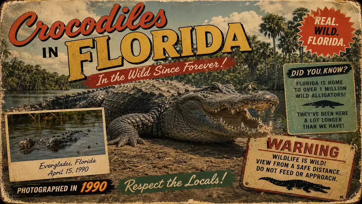 Vintage advertisement for crocodiles in Florida, highlighting the wild landscapes and the long presence of alligators in the region. Includes warnings and fun facts.
