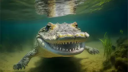 A crocodile swims underwater with its mouth open, surrounded by clear water and plants.