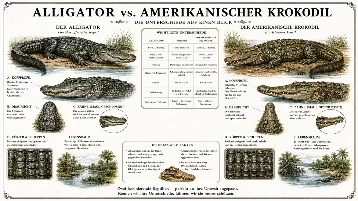 Illustration shows differences between an alligator and an American crocodile, including descriptions of anatomy and habitats.