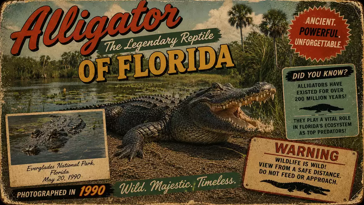 A retro poster featuring an alligator in the Everglades National Park, Florida, with text highlighting the strength and role of alligators in Florida.