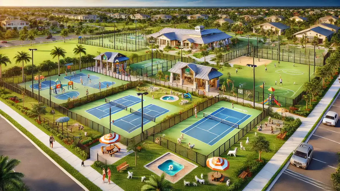 A spacious outdoor sports complex with multiple tennis courts, basketball courts, and a children's playground, surrounded by lush gardens at sunset.