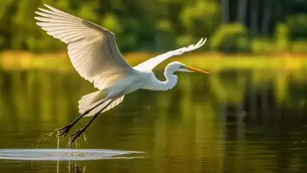 A white egret flies over a calm lake in a green forest area. The bird is in the air with its wings spread, and its reflection is visible in the water.