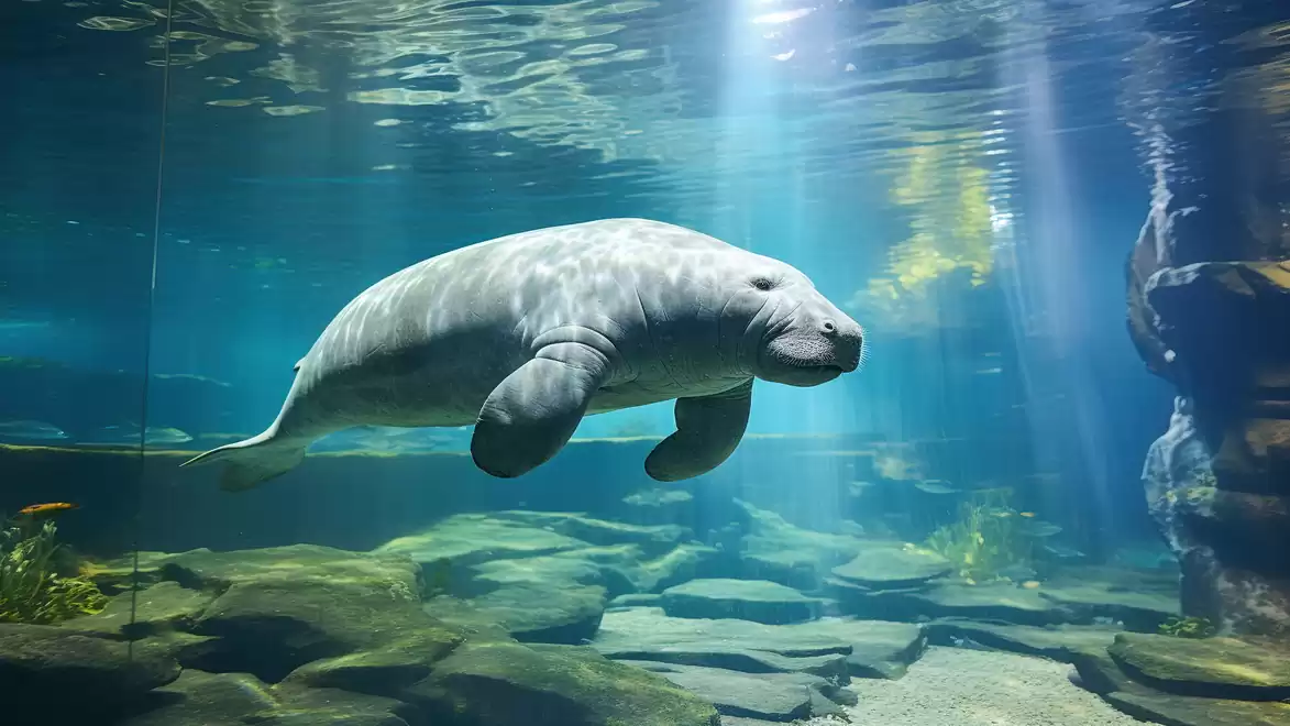 A manatee swimming in a clear, blue aquarium with sunlit water and a rocky bottom.