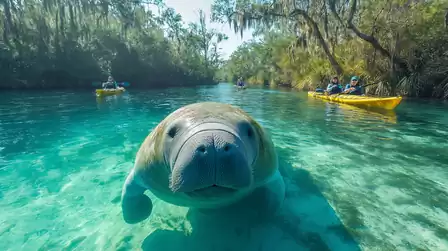 A manatee swimming in clear, turquoise water surrounded by people in yellow kayaks, with lush vegetation and trees around.
