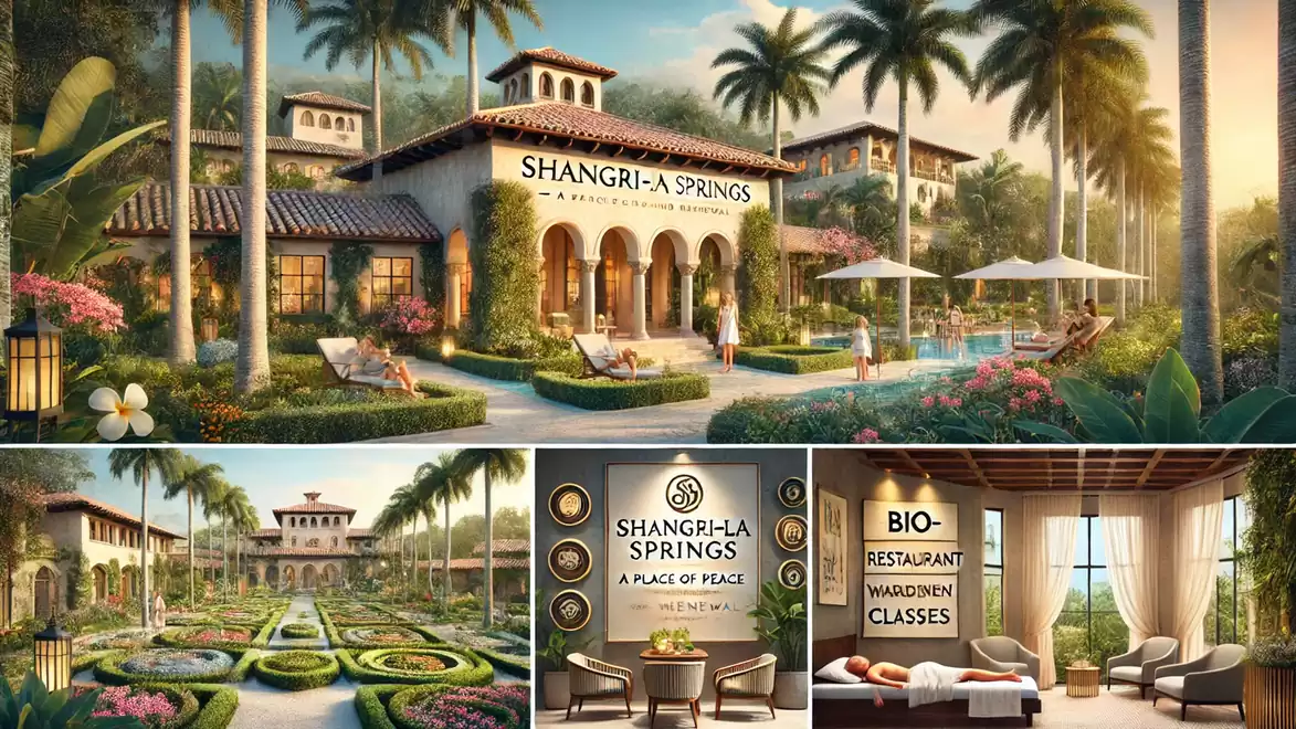 A luxurious wellness resort called Shangri-La Springs featuring lush gardens, a large Mediterranean-style building, and a well-maintained pool area amidst tropical palm trees.