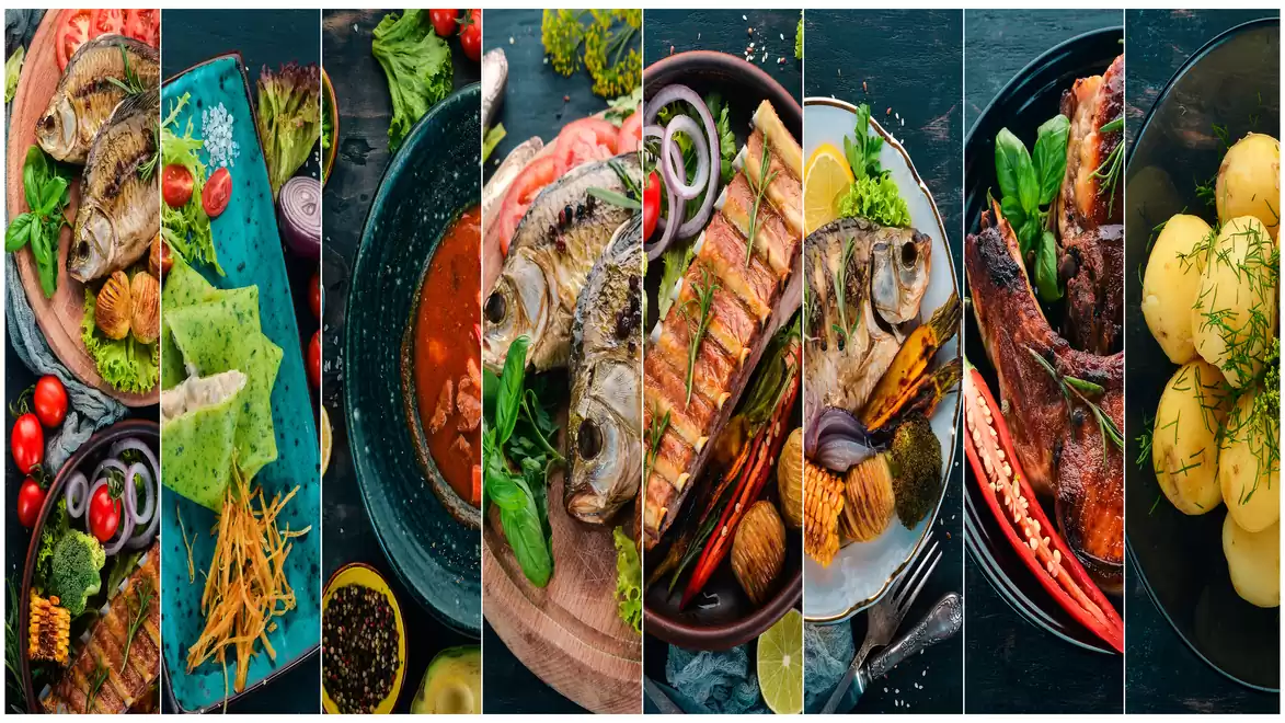 Various plates featuring culinary delights, including fish dishes, meat, and vegetables, presented in a stylish collage.