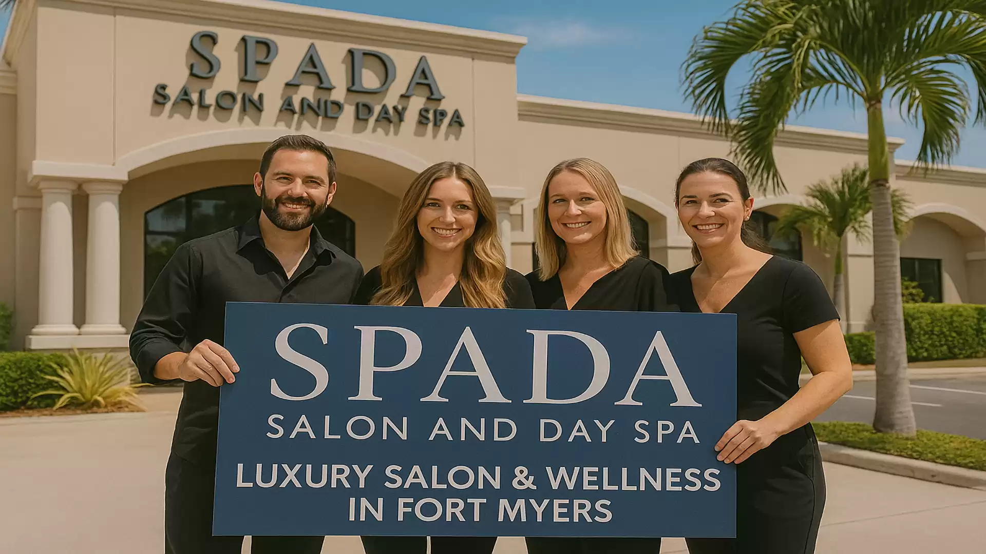 Four people in black clothing holding a sign reading 'SPADA Salon and Day Spa' in front of a building with palm trees.