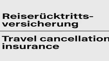 Image with the words 'Reiserücktrittsversicherung' and 'Travel cancellation insurance' in black text on a gray background.