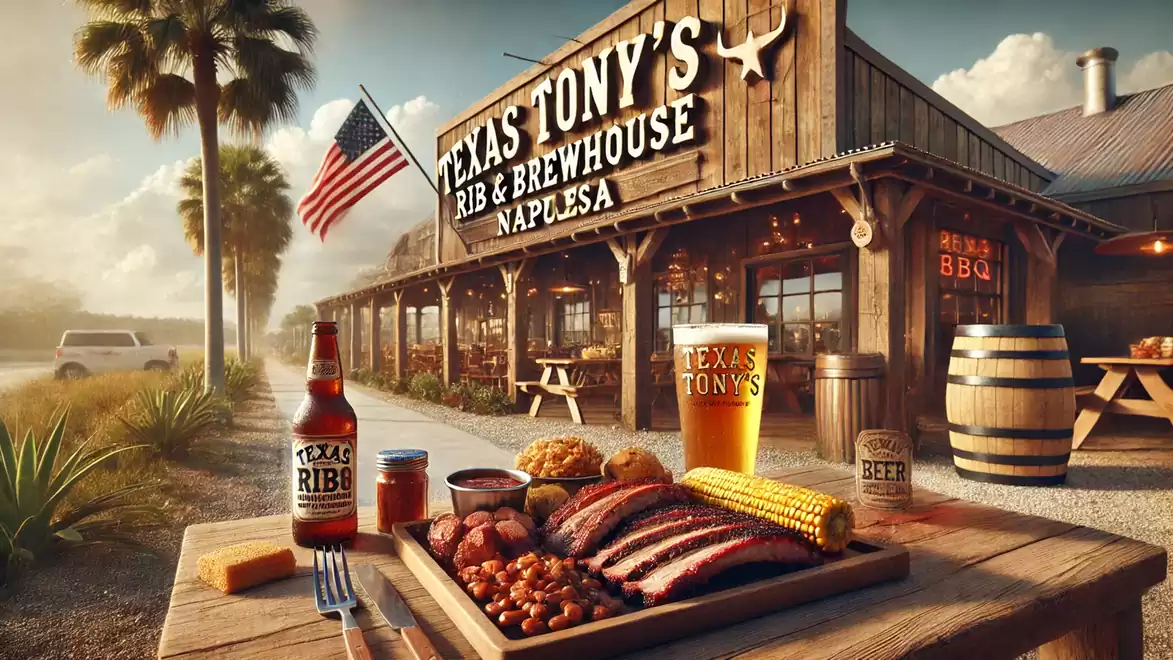 A rustic BBQ restaurant with a wooden facade under a US flag. In the foreground, a table features barbecue fare, including ribs, beans, and corn on the cob.