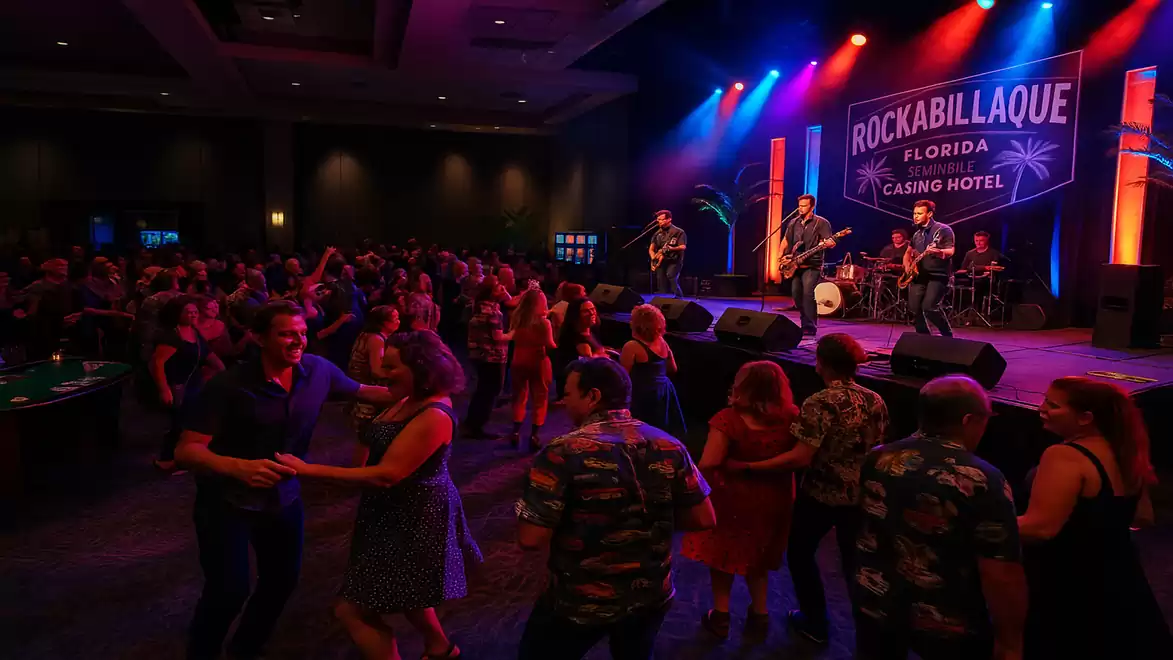People dancing in front of a live band at a rockabilly concert in Florida. The stage is brightly lit and a large banner reads 'Rockabillaque'.