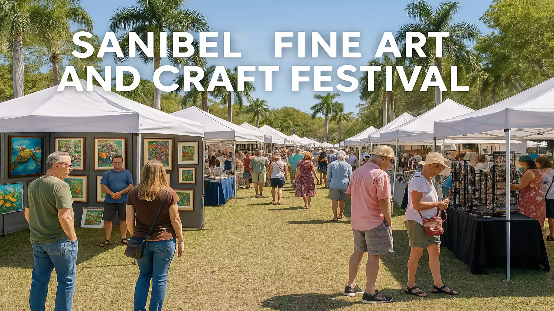 Sanibel Fine Art and Craft Festival with people viewing art and crafts under white tents, surrounded by palm trees.