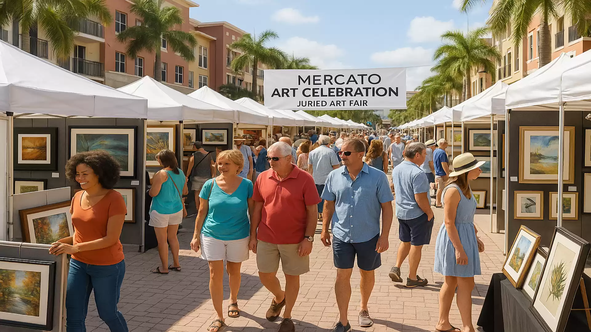 People stroll through an art market with paintings at the 'Mercato Art Celebration' on a sunny day with palm trees and tents.
