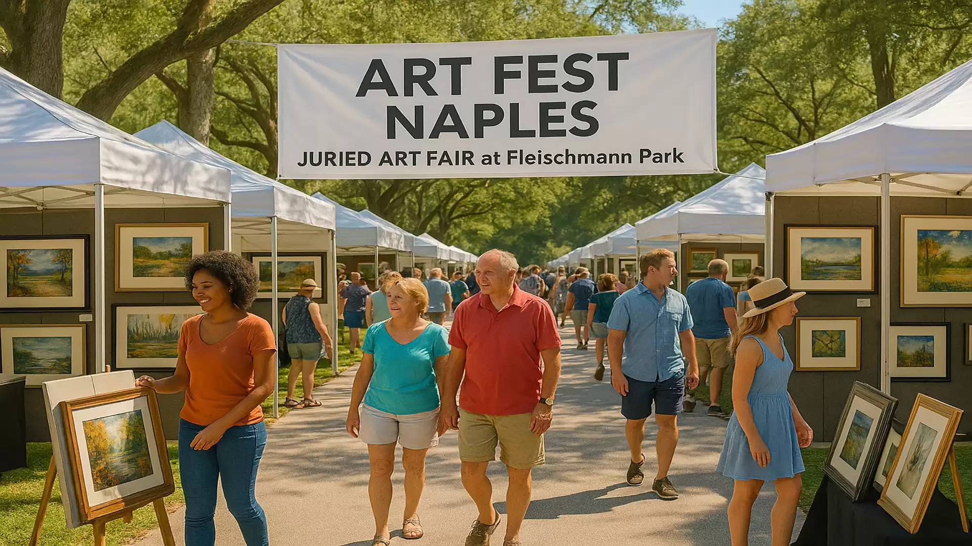 People stroll through an outdoor art market with numerous art stalls and paintings at Fleishmann Park during the Art Fest in Naples.