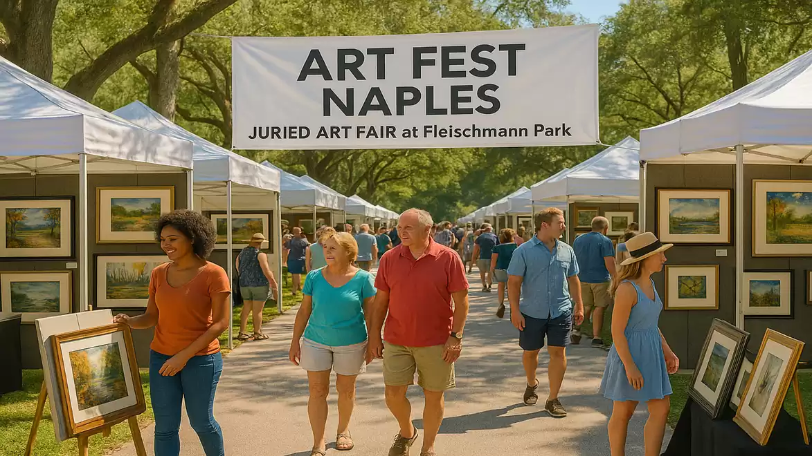 People stroll through an outdoor art market with numerous art stalls and paintings at Fleishmann Park during the Art Fest in Naples.