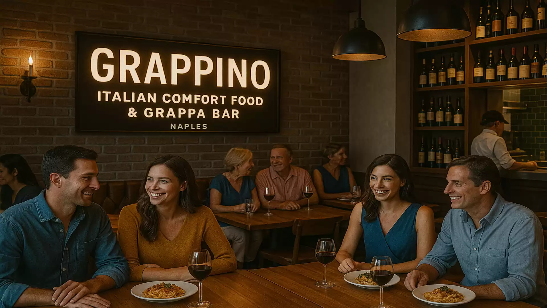 A group of people dining in an Italian restaurant called Grappino. They are sitting at a wooden table, enjoying pasta and conversing. In the background, more guests and wine bottles create a cozy atmosphere.