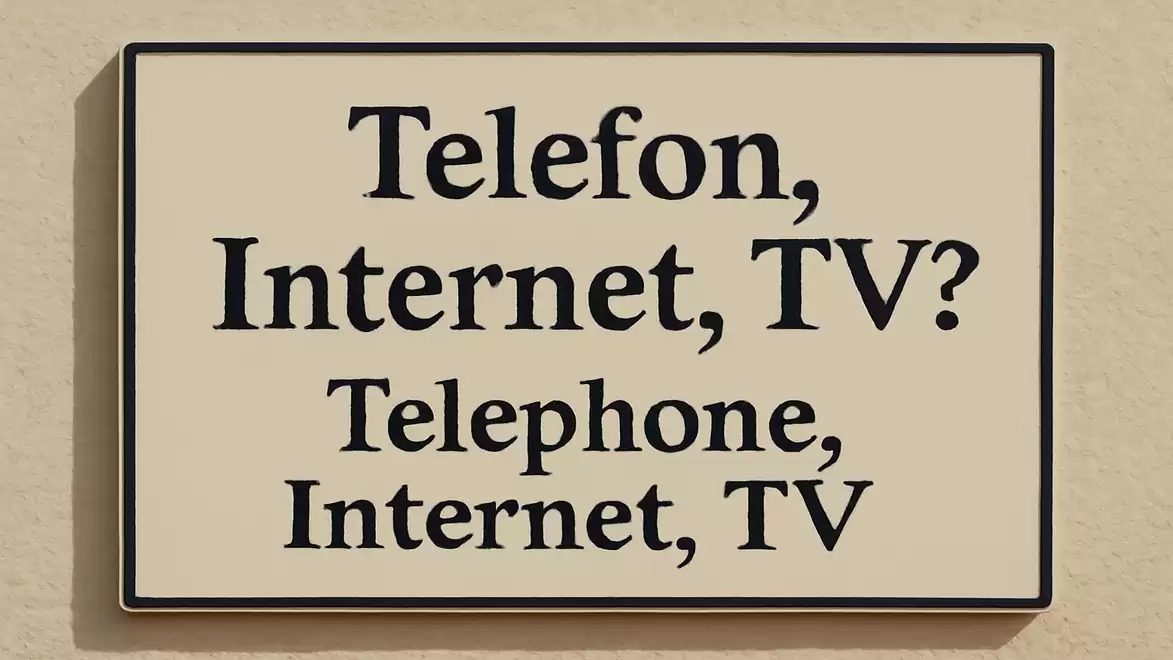 A sign with the text 'Telephone, Internet, TV?' in German and English.