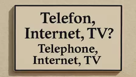 A sign with the text 'Telephone, Internet, TV?' in German and English.