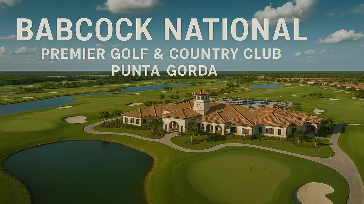 Aerial view of Babcock National Golf and Country Club in Punta Gorda featuring greens and water hazards.