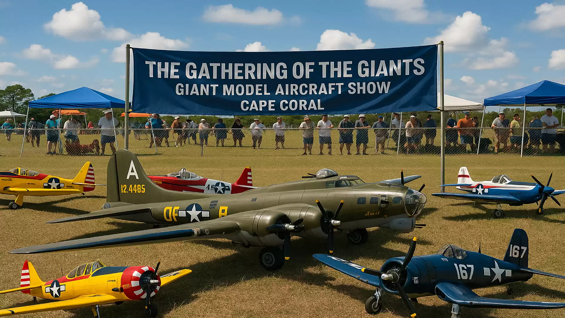 Model aircraft show in Cape Coral featuring various large model airplanes and a banner reading 'The Gathering of the Giants'.