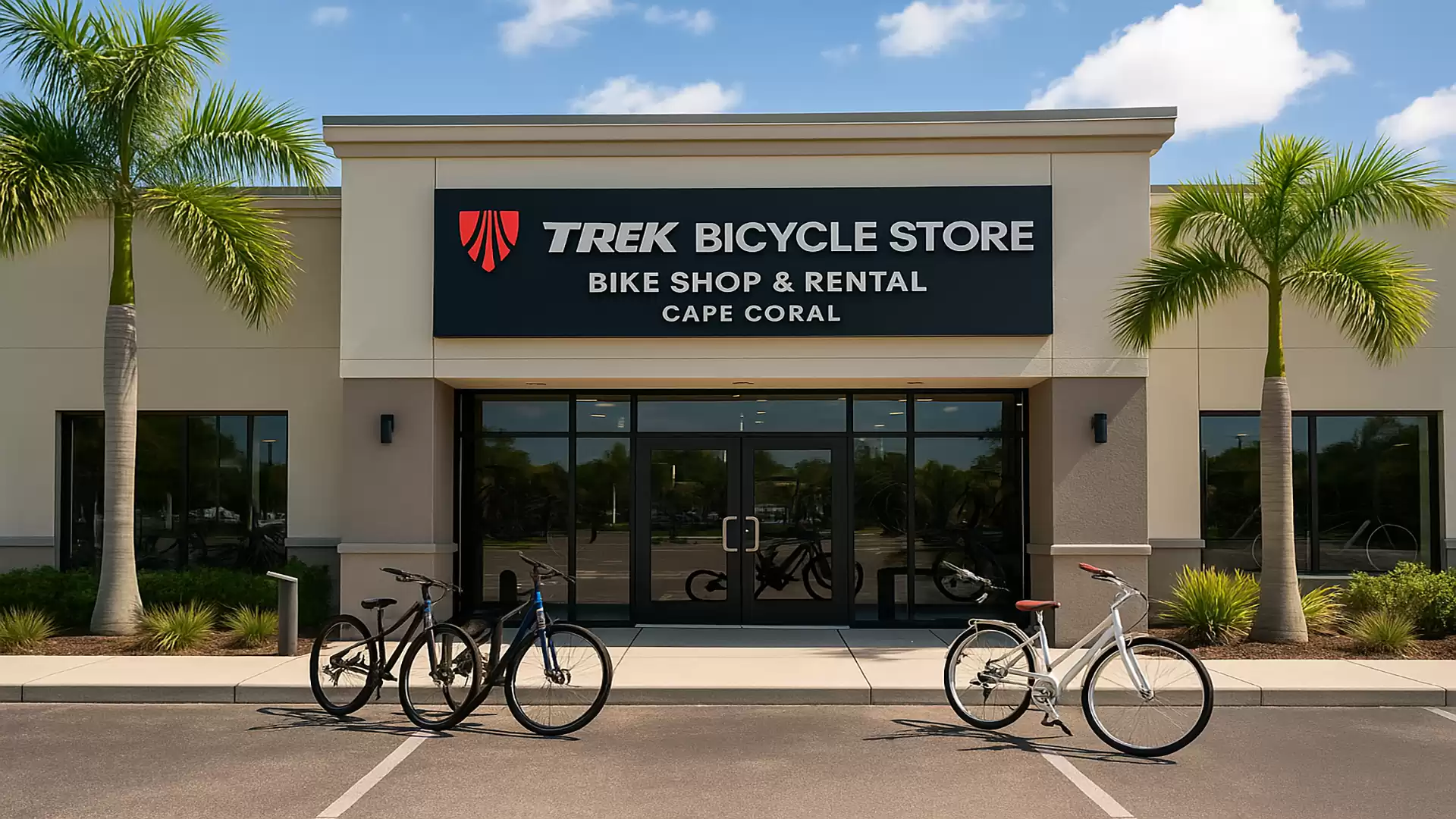 Exterior view of a bicycle store with sign 'Trek Bicycle Store' and several bicycles in front under palm trees.