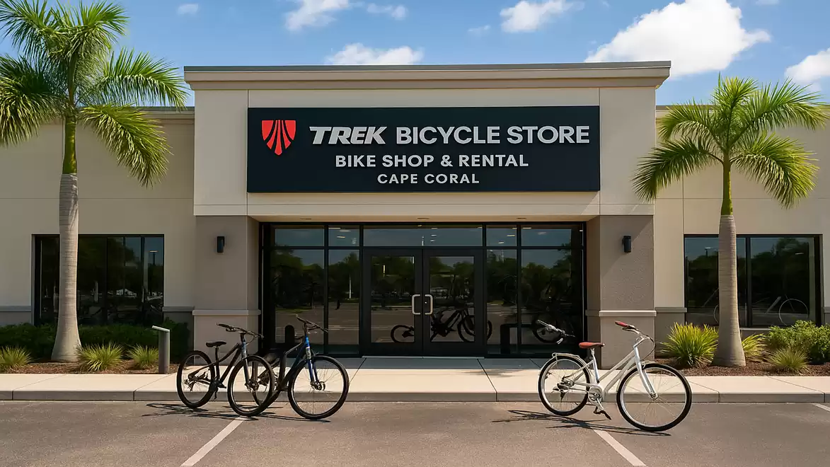 Exterior view of a bicycle store with sign 'Trek Bicycle Store' and several bicycles in front under palm trees.