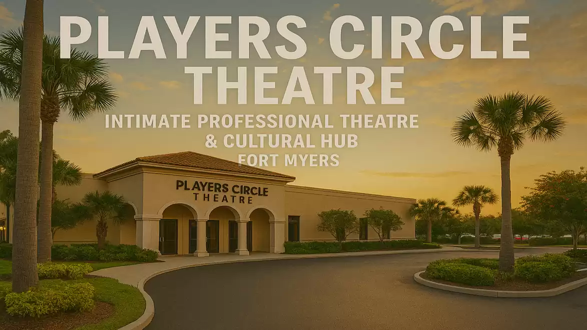 Exterior view of the Players Circle Theatre in Fort Myers at sunset with palm trees in the foreground.