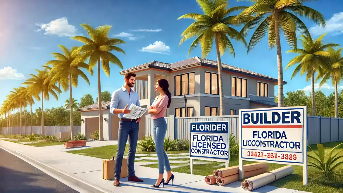 A modern house in Florida with palm trees, an architect and a woman discussing building plans. Construction company signs in the foreground.