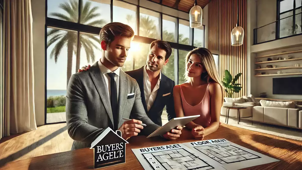 Three people in a modern living room with large windows looking at plans on a table. The room is elegantly furnished with plants and a cozy couch.