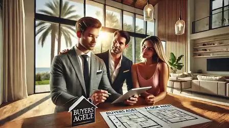 Three people in a modern living room with large windows looking at plans on a table. The room is elegantly furnished with plants and a cozy couch.