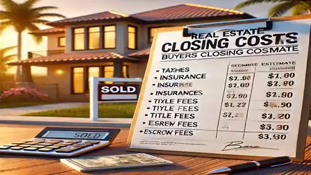 A modern house with many windows, a 'Sold' sign in the yard, and a list of closing costs on a clipboard, along with a calculator displaying 'SOLD'.