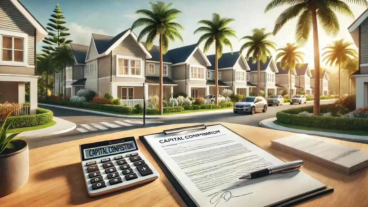 Modern suburban neighborhood with palm trees and single-family homes at sunset, with a desk in the foreground featuring documents and a calculator.
