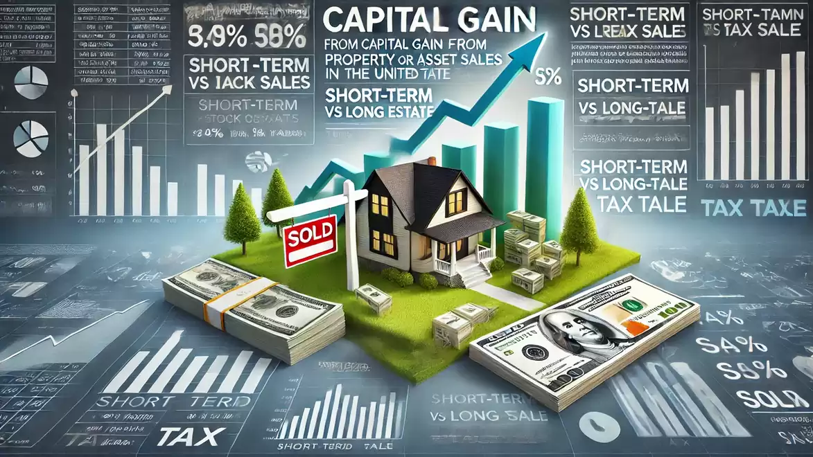 Graphic about capital gain taxation with a house, bundles of money, charts, and 'Sold' sign.