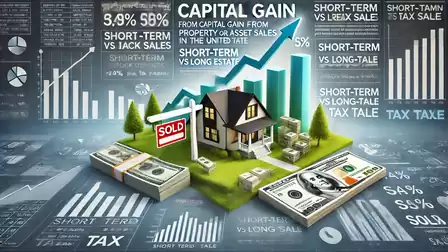 Graphic about capital gain taxation with a house, bundles of money, charts, and 'Sold' sign.