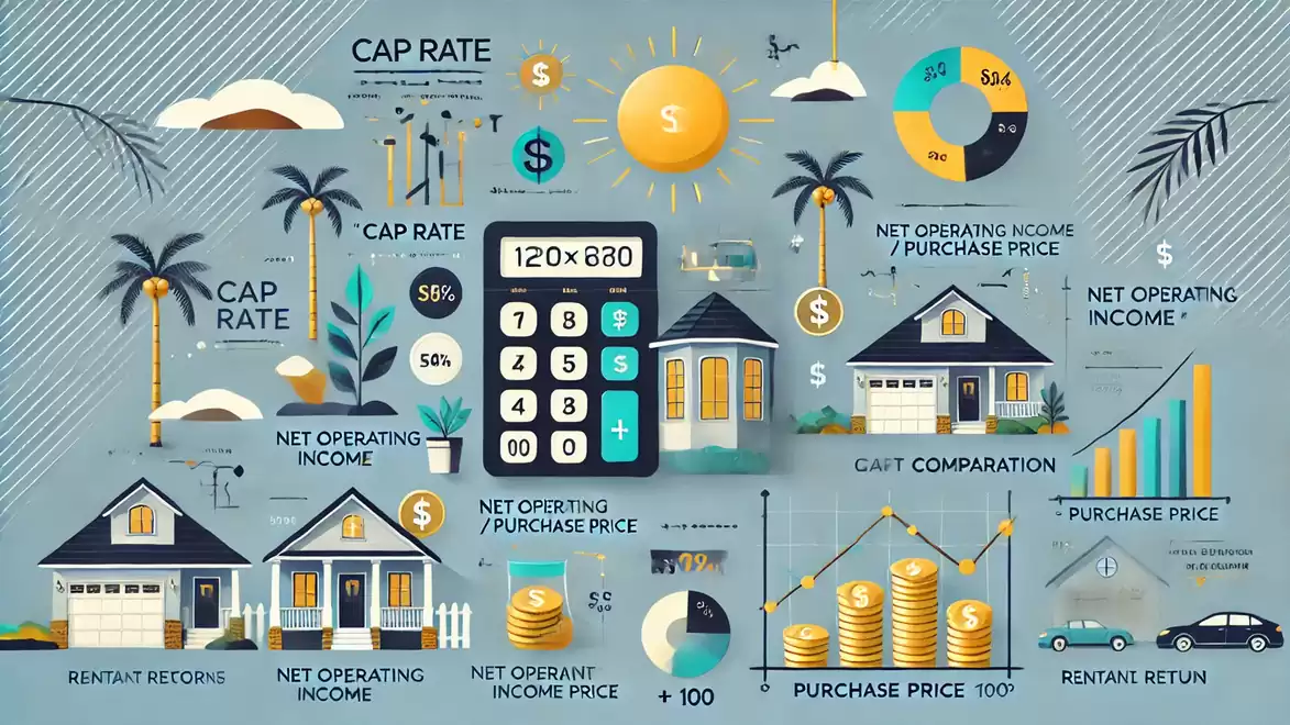Illustration of real estate calculations with charts, houses, and a calculator, depicting cap rate and other financial concepts.