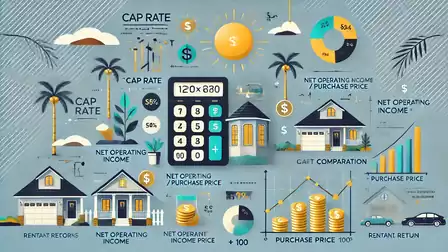 Illustration of real estate calculations with charts, houses, and a calculator, depicting cap rate and other financial concepts.