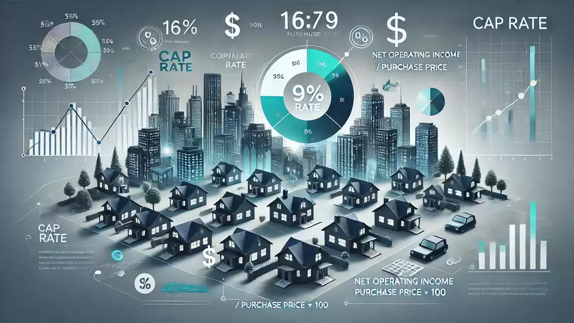 Infographic about capitalization rate with charts and city skyline in the background.