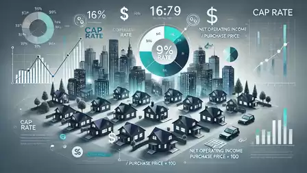 Infographic about capitalization rate with charts and city skyline in the background.