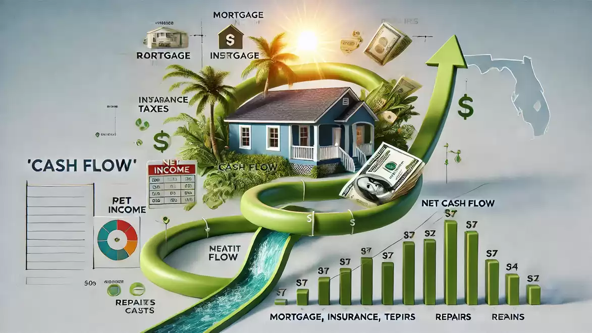 Diagram of a financial flow with a house in the center, surrounded by money bills, arrows, and charts. Symbols for mortgages, insurance, and taxes are visible.