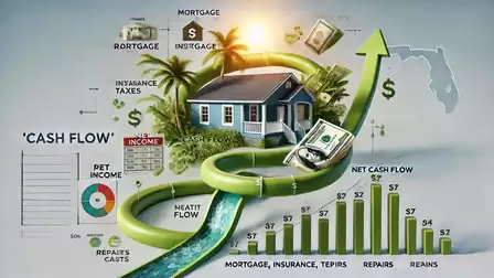 Diagram of a financial flow with a house in the center, surrounded by money bills, arrows, and charts. Symbols for mortgages, insurance, and taxes are visible.