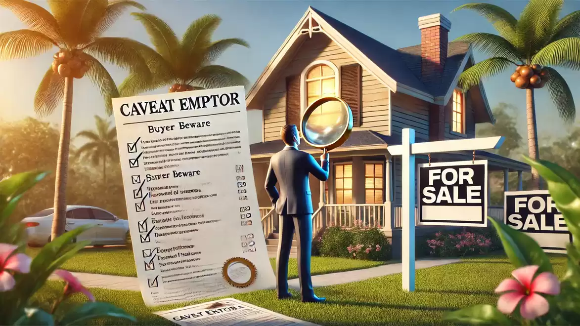 Illustration of a man with a magnifying glass in front of a house for sale at sunset. A document titled 'Caveat Emptor' is visible in the foreground.