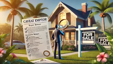 Illustration of a man with a magnifying glass in front of a house for sale at sunset. A document titled 'Caveat Emptor' is visible in the foreground.